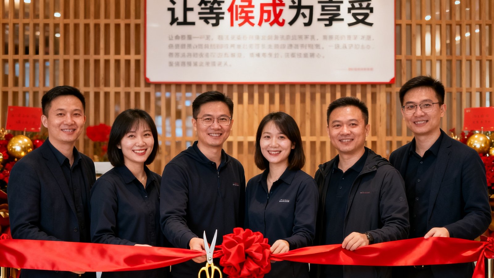 PA贵宾厅创始人团队在旗舰店开业仪式上的合影，背景为木质格栅墙面上悬挂的品牌使命宣言「让等候成为享受」，六位核心团队成员身着深色商务休闲装站成一排，笑容自信而真诚，前方摆放着开业剪彩的红色绸带与金色剪刀