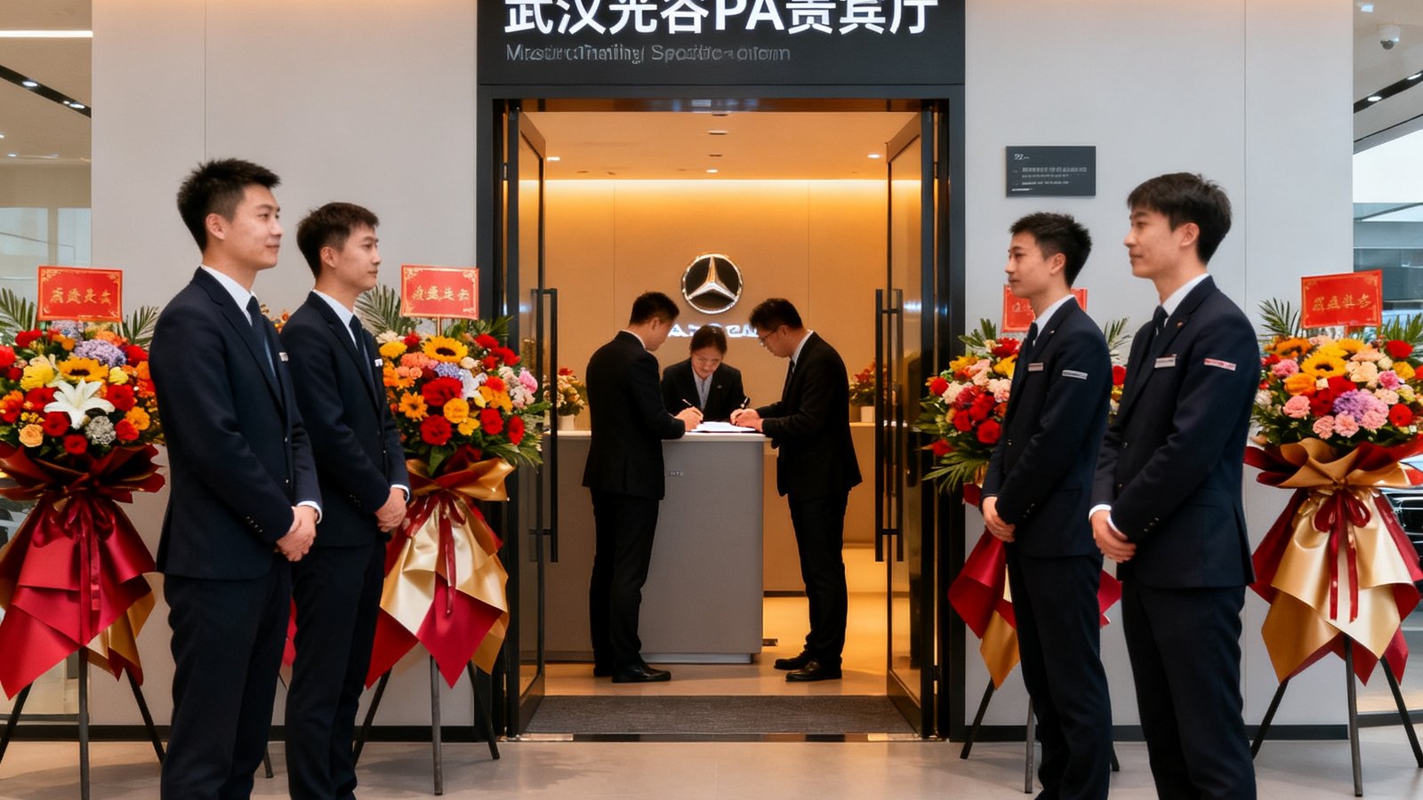 PA贵宾厅武汉光谷新网点开业现场，入口处摆放着多个祝贺花篮，六位空间管家身着统一深色制服整齐站立，首批预约车主正在签到入场